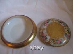 Limoges France Porcelain Powder Box Pink Flowers And Gold- 5 by 3 inches