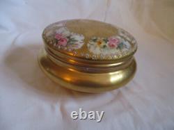Limoges France Porcelain Powder Box Pink Flowers And Gold- 5 by 3 inches