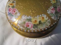 Limoges France Porcelain Powder Box Pink Flowers And Gold- 5 by 3 inches