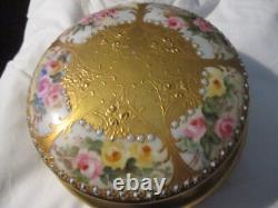 Limoges France Porcelain Powder Box Pink Flowers And Gold- 5 by 3 inches