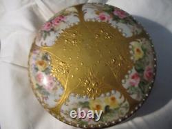 Limoges France Porcelain Powder Box Pink Flowers And Gold- 5 by 3 inches
