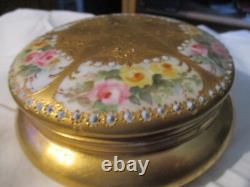 Limoges France Porcelain Powder Box Pink Flowers And Gold- 5 by 3 inches