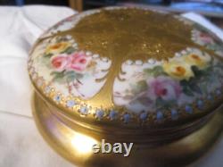 Limoges France Porcelain Powder Box Pink Flowers And Gold- 5 by 3 inches