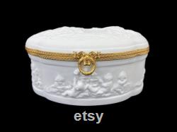 Limoges White Bisque Porcelain Jewelry Casket Dresser Box, Cherubs Goddess, France