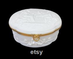 Limoges White Bisque Porcelain Jewelry Casket Dresser Box, Cherubs Goddess, France