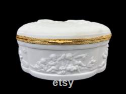 Limoges White Bisque Porcelain Jewelry Casket Dresser Box, Cherubs Goddess, France