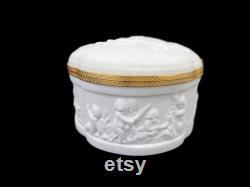 Limoges White Bisque Porcelain Jewelry Casket Dresser Box, Cherubs Goddess, France