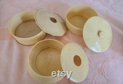 Lot of vintage French Ivory dressing table items 3 different lidded powder or trinket boxes, 2.5 1.5 swinging picture frame, 9.5 hairbrush