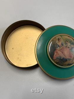Lovely Vintage Green Gold French Powder Tin withCharming Ladies