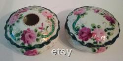 Lovely Vintage Porcelain Powder Jar and Hair Receiver With Roses Vanity Set