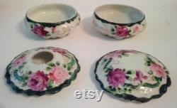 Lovely Vintage Porcelain Powder Jar and Hair Receiver With Roses Vanity Set