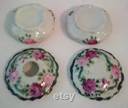 Lovely Vintage Porcelain Powder Jar and Hair Receiver With Roses Vanity Set