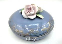 MIOJ Lidded Powder Jar, Vintage Drersser Vanity Covered Box, Applied Hand Painted Pinch-Formed Roses on Lid, Gold Gilt