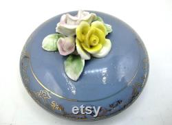 MIOJ Lidded Powder Jar, Vintage Drersser Vanity Covered Box, Applied Hand Painted Pinch-Formed Roses on Lid, Gold Gilt