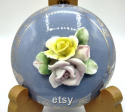 MIOJ Lidded Powder Jar, Vintage Drersser Vanity Covered Box, Applied Hand Painted Pinch-Formed Roses on Lid, Gold Gilt