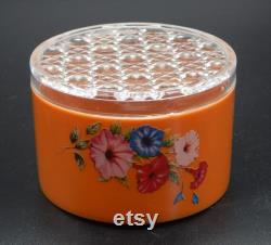 MORNING GLORY BOX Round Plastic Vanity Dusting Powder Trinket Box Butterscotch Color Base Clear Crosshatch Lid Morning Glories Floral Design