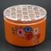 MORNING GLORY BOX Round Plastic Vanity Dusting Powder Trinket Box Butterscotch Color Base Clear Crosshatch Lid Morning Glories Floral Design