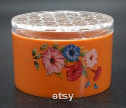 MORNING GLORY BOX Round Plastic Vanity Dusting Powder Trinket Box Butterscotch Color Base Clear Crosshatch Lid Morning Glories Floral Design
