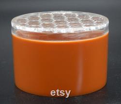 MORNING GLORY BOX Round Plastic Vanity Dusting Powder Trinket Box Butterscotch Color Base Clear Crosshatch Lid Morning Glories Floral Design