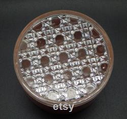 MORNING GLORY BOX Round Plastic Vanity Dusting Powder Trinket Box Butterscotch Color Base Clear Crosshatch Lid Morning Glories Floral Design