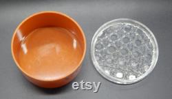 MORNING GLORY BOX Round Plastic Vanity Dusting Powder Trinket Box Butterscotch Color Base Clear Crosshatch Lid Morning Glories Floral Design