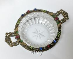 Made in Czechoslovakia Cut Glass Trinket Dish Ormolu Enamel Jewels Pearls Handles