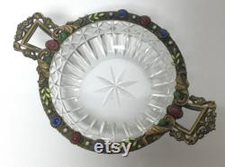 Made in Czechoslovakia Cut Glass Trinket Dish Ormolu Enamel Jewels Pearls Handles