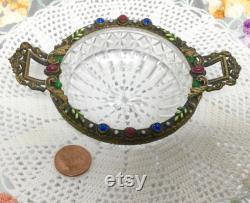 Made in Czechoslovakia Cut Glass Trinket Dish Ormolu Enamel Jewels Pearls Handles