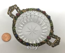 Made in Czechoslovakia Cut Glass Trinket Dish Ormolu Enamel Jewels Pearls Handles