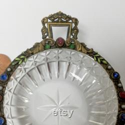 Made in Czechoslovakia Cut Glass Trinket Dish Ormolu Enamel Jewels Pearls Handles