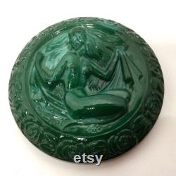 Made in Czechoslovakia Green Malachite Glass Covered Dish Nude Vintage Original Sticker