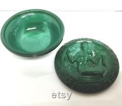 Made in Czechoslovakia Green Malachite Glass Covered Dish Nude Vintage Original Sticker