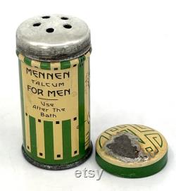 Mennen Talcum for Men Sample Size Powder Tin 1930s Litho Shaker Top 2 inches Vintage Vanity Display