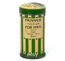 Mennen Talcum for Men Sample Size Powder Tin 1930s Litho Shaker Top 2 inches Vintage Vanity Display