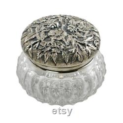 Mid 19th Century ABP Cut Crystal Dresser Jar with S. Kirk and Son Co. Sterling Silver Dogwood and Apple Blossom Floral Motif Repousse Lid