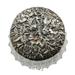 Mid 19th Century ABP Cut Crystal Dresser Jar with S. Kirk and Son Co. Sterling Silver Dogwood and Apple Blossom Floral Motif Repousse Lid