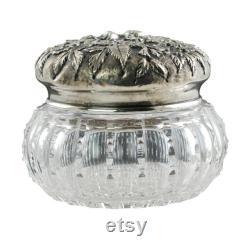 Mid 19th Century ABP Cut Crystal Dresser Jar with S. Kirk and Son Co. Sterling Silver Dogwood and Apple Blossom Floral Motif Repousse Lid