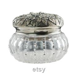 Mid 19th Century ABP Cut Crystal Dresser Jar with S. Kirk and Son Co. Sterling Silver Dogwood and Apple Blossom Floral Motif Repousse Lid