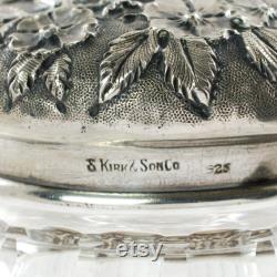 Mid 19th Century ABP Cut Crystal Dresser Jar with S. Kirk and Son Co. Sterling Silver Dogwood and Apple Blossom Floral Motif Repousse Lid