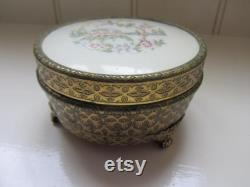 Mid century Regent of London powder jar bowl with embroidered lid. With original glass liner. Cosmetic pot Y137