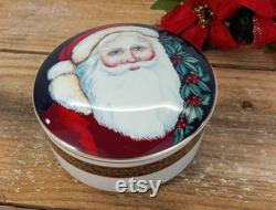 Mikasa Round Porcelain Trinket Powder Box Christmas Old Saint Nick 4 and 3 quarters inches Diameter