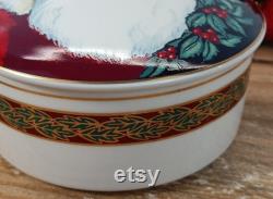 Mikasa Round Porcelain Trinket Powder Box Christmas Old Saint Nick 4 and 3 quarters inches Diameter