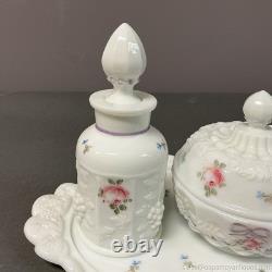 Milk Glass Vanity Set Roses and Bows Westmoreland Tray Perfumes Power Box
