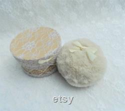 Mini Cream Powder Puff and Powder Box. Face Puff. Soft and Fluffy Faux Fur and Satin Bow. Gift for Her. Girls Gift.