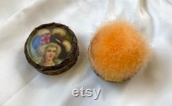 Miniature Antique Powder puff Box with Swan down puff and fab 1.5 Vintage vanity