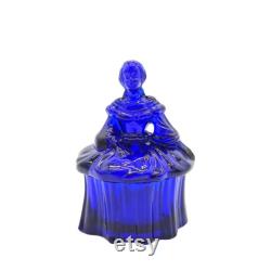 Moser Cobalt Blue Glass Colonial Lady Trinket Box Powder Jar EUC