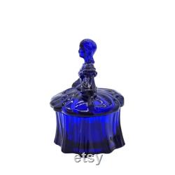 Moser Cobalt Blue Glass Colonial Lady Trinket Box Powder Jar EUC