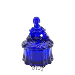 Moser Cobalt Blue Glass Colonial Lady Trinket Box Powder Jar EUC