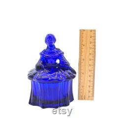 Moser Cobalt Blue Glass Colonial Lady Trinket Box Powder Jar EUC