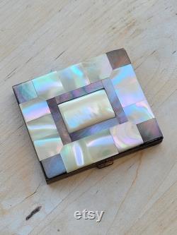 Mother of Pearl and brass compact powder box, antique shell and abalone checkered box, stunning collectible compact box, with mirror